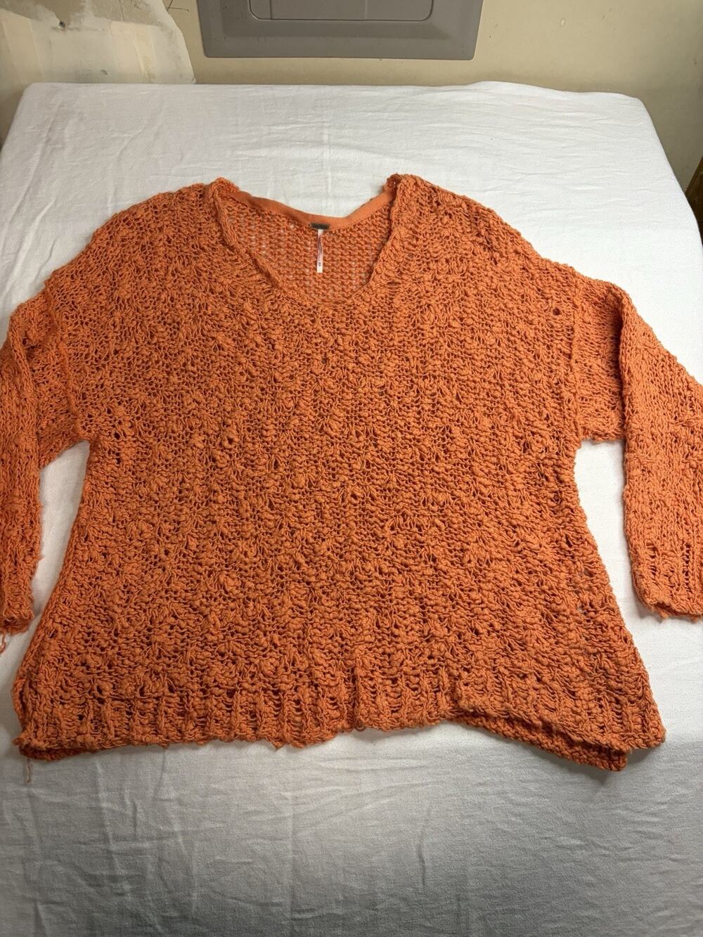 Free People Sweater Womens M Orange Open Knit Textured Boho Lightweight Pullover